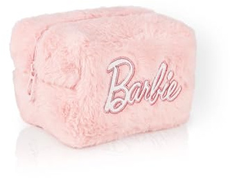 Barbie Womens Fluffy Makeup Bag | Ladies All Over Fur with Embroidered Logo in Pink | Classic Logo Zip Cosmetic Storage Bag Doll Apparel Container with Ample Storage | Movie Film Toy Merchandise Gift
