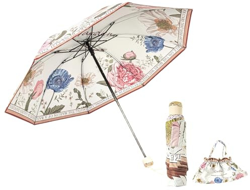 Anopo Kleiner Regenschirm für Regen und Sonne Taschenschirm Sturmfest für Damen mit 8 Rippen Blume Faltbarer Regenschirm UV Schutz mit Organizer Tasche Garten