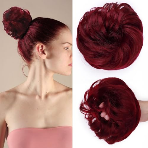 SEGOHAIR Messy Bun Hair Piece Fake Hair Bun Hair Scrunchies Bun - Lightweight 35g Synthetic Hair Bun Piece for Women, Burgundy Red Curly Wavy Elastic updo Scrunchy Bun