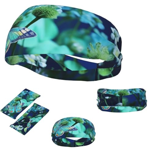 Sport-Stirnband für Herren und Damen, feuchtigkeitsableitend, Schweißbänder, grüner Schmetterling und blaue Blumen, atmungsaktiv, Lauf-Schweißbänder, dehnbares Workout-Haarband für Radfahren, Fitness,