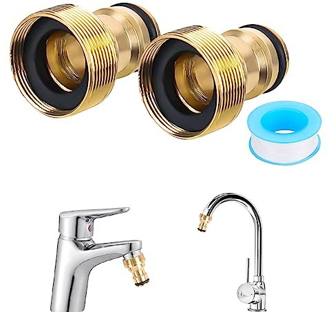 YHNDECO 2 conectores universales para grifo mezclador, adaptador de manguera, adaptador de manguera, acoplamiento rápido, manguera de jardín (rosca exterior, dorado)