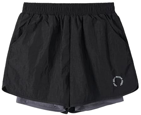 Rolanko Pantalones Cortos Deportivos 2 en 1 para Niñas para Correr Ciclismo Gimnasio Verano con Bolsillos, Negro, Talla: 10-11 Años/150