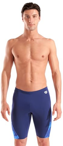 ARENA Performance Men's Geometry Swim Jammer MaxLife Athletic Practice Knee-Length Swimsuit Short Competitive Training Bathing Suit, Multi Navy/Navy, US Size 30