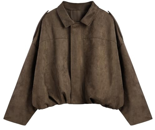 BSBUY Women's Faux Suede Bomber Jacket Spring Lapel Pilot Coat Short Casual Oversized Long Sleeves Varsity Jacket Lapel Trendy Streetwear Outerwear Lightweight Stand Collar Full Zipper Coats Top(M)