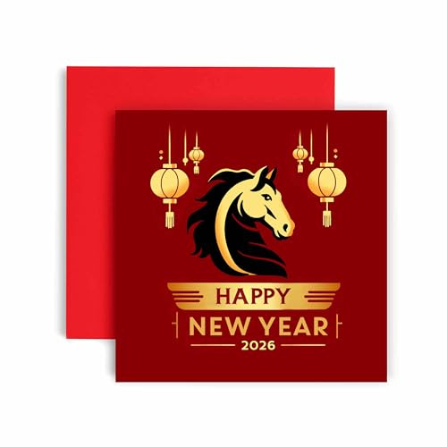 Huxters 2026 Lunar New Year Greeting Card, Year of the Horse Design, Red and Gold Premium Card with Envelope, Traditional Chinese Festival Celebration (Horse 2)