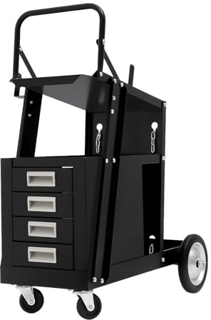 Carro de soldadura con 4 cajones | Carro para soldadora y botellas de gas | Carro de taller de acero soporta hasta 80 kg | Carro de trabajo móvil con ganchos y cadenas de seguridad | Negro