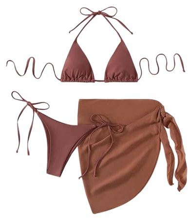 Tankini set med 3 delar för kvinnor med enfärgad triangelkupa överdel, knytband, kjolbyxor för pool, semester, kaffe, L
