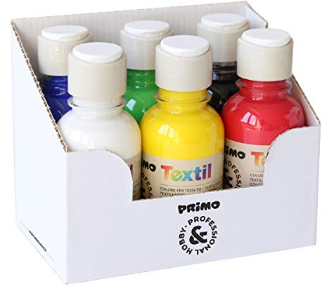 PRIMO Hobby & Professional - Colori Acrilici per Dipingere 6 Colori per Artisti +14 Anni 125ml Colori per Tessuti Permanenti Coprenti Vernice Acrilica Cartoleria Lavoretti Creativi Pittura per Tessuti