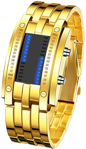 MASTOP Mens Creative Binary Digital Watches Unique Matrix LED Watch Futuristic Cool Stainless Steel Wrist Watch (Gold)