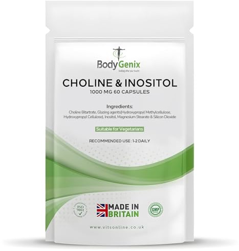 Bodygenix Choline & Inositol Capsules - 1000mg Healthy Skin Brain Health & Metabolic Support Food Supplement - Natural Vegan Friendly 60 Capsules, 2 Month Supply
