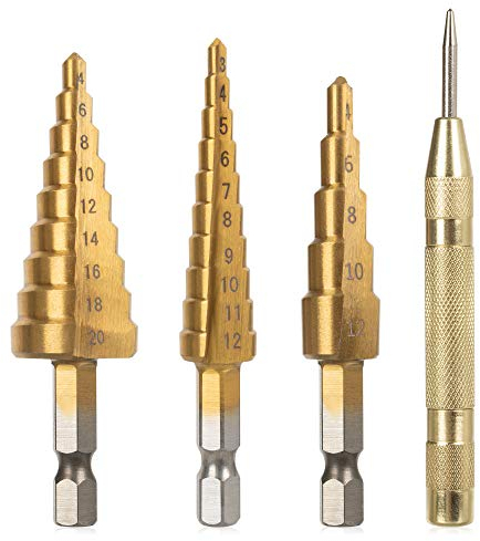 Maexus 4 Stück Stufenbohrer Metall, Stufenbohrer Set mit 3 Kegelbohrer & 1 Körner Durchschlag, Schälbohrer für Stahl, Holz, Kunststoff(Gold)