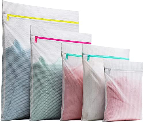 5pcs Laundry Bag with Zips, YOGINGO Mesh Laundry Bags for Washing Machine, Fine Mesh & Large Mesh Reuse Washing Bag for Laundry, for Delicates Blouse, Hosiery, Underwear, Bra, Lingerie, Baby Clothes