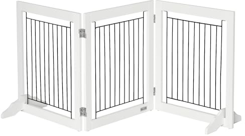 PawHut Foldable Wooden Pet Gate w/ 3 Panels 2 Support Feet for Small Dogs White