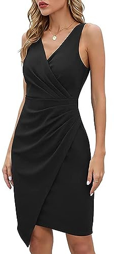 RPAEOY Women's Summer Cocktail Dress V Neck Sleeveless Rushed Asymmetrical Bodycon Elegant Wrap Formal Occasion Dresses for Wedding Guest Party Office Going Out Black XL
