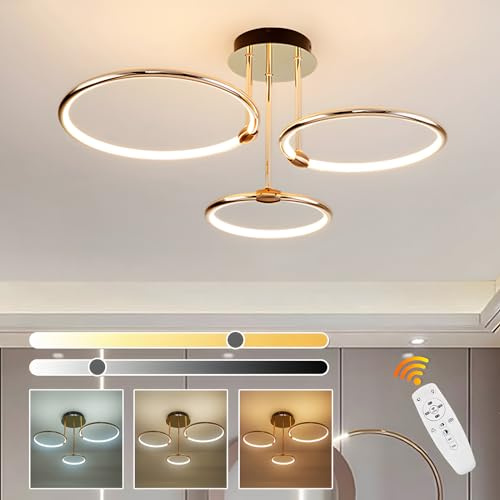 WayLuoung 3 Ring Gold Led Deckenleuchte, Ø56cm | 60W Kronleuchter Stufenlos Dimmbar, Kreative Metallgalvanik Pendelleuchte, Moderne Lampe Für Schlafzimmer, Wohnzimmer, Kinderbüro Arbeitszimmer Küche