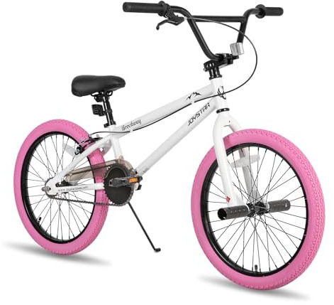 JOYSTAR 20 Inch Kids Bike Freestyle BMX Bikes for 6-10 Years Boys Girls and Beginner Riders, 20 Inch Bikes with Pink Tires, White Frame