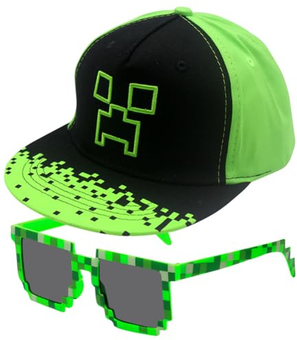 Minnecrafft Gorra Niño, 2PCS Minnecrafft Gorra de Béisbol y Gafas de Sol Sombrero de Playa de Protección Solar Dibujos Animados Gorra Deportiva de ala Ancha Ajustable Gorra de Béisbol para Niños