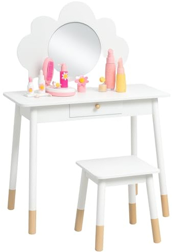 AIYAPLAY Set da Trucco per Bambine 3-6 Anni con Sgabello da Trucco, Tavolo Toeletta con Specchio a Nuvola e Cassetto Portaoggetti in Legno, Bianco