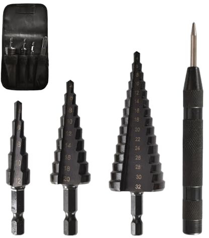 LYCXAMES HSS Stufenbohrer, 4 PCS Spiralnut Stufenbohrer Set, 3 -tlg Kegelbohrer（4-12mm/4-20mm/4-32mm）und 1 automatischer Zentralstempel 13cm, Titanbeschichtet Profi Schälbohrer