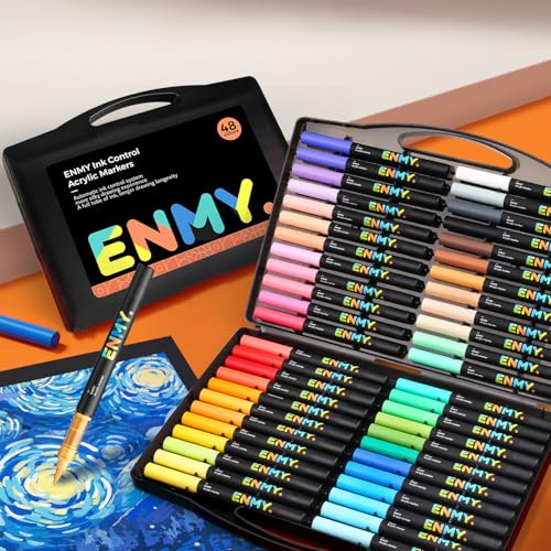 ENMY 48 Colori Penne per Pittura Acrilica, Pennarelli per Pittura Acrilica a Liquido Diretta, Pennarelli per Tessuti per Tessile, Tela, Rocca, Vetro, Legno, Carta, Fai da Te, Pennarelli Coloranti