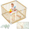 HEMUYT Laufstall Baby, 90x90cm Holz Laufstall Baby mit Matratze, Aus Massivem Kiefernholz, Sicher Unlackiert, mit Tür, 4 Panels, Top Qualität & einfache Montage/Demontage in 10 Minuten