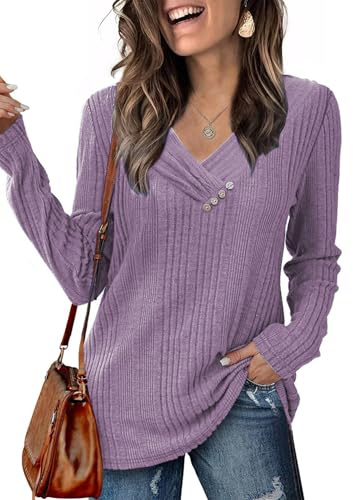 Famulily Pull à manches longues avec col en V pour femme - Hauts d'automne décontractés pour dames, pull basique, violet, L