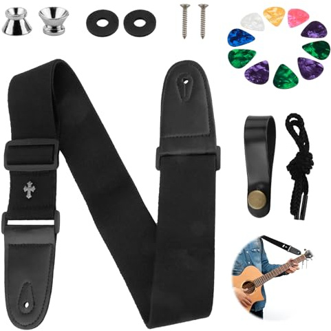 Tracolla Per Chitarra Nero Regolabile, Tracolla per Chitarra Regolabile in Cotone Resistente con Estremità in Pelle PU, Cinghie per Chitarra con Estremità in Pelle, Accessori per Chitarra Elettrica