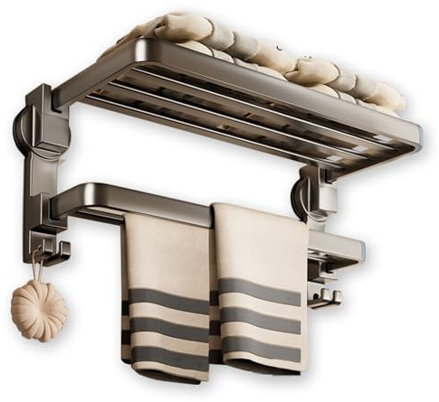 Groyells Portasciugamani con ventosa, portasciugamani montato a parete senza foratura, pieghevole a 90°, 7 ganci, 60 cm, doppio strato, nero