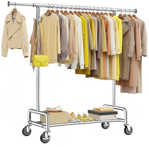 Raybee Heavy Duty Clothes Rack 75 Extra Wide, 450 LBS Clothing Rack with 4 Hooks, Lockable Wheels, Metal Garment Rack for Bedroom, Laundry Room, Commercial