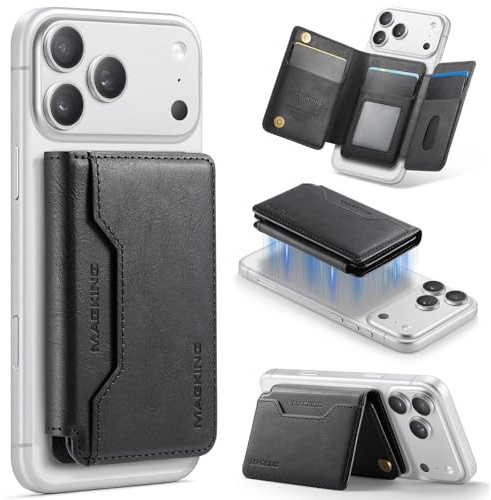 MagSafe Wallet, Magsafe Kartenhalter mit 8 Kartenfächer, inklusive RFID Schutz, Kartenhalter aus Hochwertigem PU Leder, Vielseitigkeit Wallet Ständer, für iPhone 17/16/15/14/13/12 Serie, Schwarz