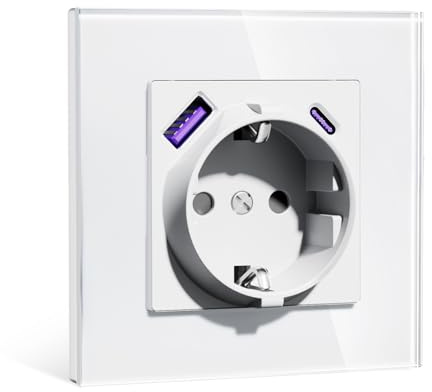 BSEEDLIFE Enchufe con USB Pared,Enchufe Pared Empotrable Estándar con 20 W USB-A/C,86 * 86mm 1 Gang 16A,Toma de Corriente,Fácil Instalación,Blanco