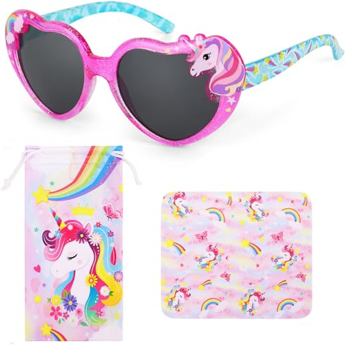 Beipegin Lunette Soleil Enfant,Protection UV400 Lunettes de Soleil Fille Lunette Licorne et etui Lunettes Souple pour Festival Piscine Fête de Vacances à La Plage