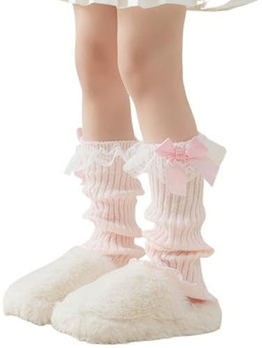 Cazqgoy Fashionabla benvärmare, stickade benvärmare med rosett för flickor, mjuka, ventilerande, lösa strumpor, varma strumpor, lämpliga för 3–13 år, ROSA, L