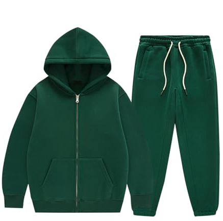 Tuta da ginnastica per ragazzi e bambini, con cappuccio, tinta unita, con pantaloni della tuta, set sportivo in pile con zip intera, giacca, set da palestra per ragazze, 2 pezzi
