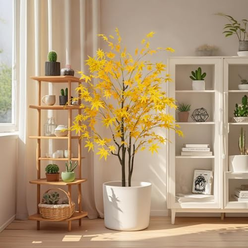 Garvee Árbol de Arce Artificial Realista – Planta Otoñal de 1.5m con Doble Tronco y Hojas Amarillas para Decoración de Porche, Fiestas y Acción de Gracias