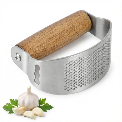 JASTOO Presse-ail en acier inoxydable - Coupe-ail en bois massif - Avec bascule en acier inoxydable - Outil de cuisine