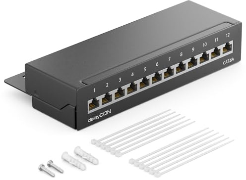 deleyCON CAT6a Panneau de Brassage 12 Ports Bureau & Montage Mural - Blindé - Prise 12x RJ45 - TIA568A TIA568B - Noir