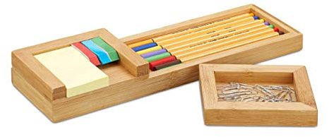 Relaxdays Stiftablage Bambus, 3-teiliger Schreibtisch Organizer, Stifteschale & Zettelhalter, HBT 3,8 x 31 x 9 cm, natur