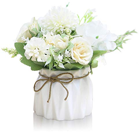 Keleily Hydrangea Artificial Flowers Indoors with Ceramic Vase Roses Silk Flowers in Small Pot Realistic Flower Arrangements for Wedding, Office, Table, Window, Living Room, Bedroom, Party, White