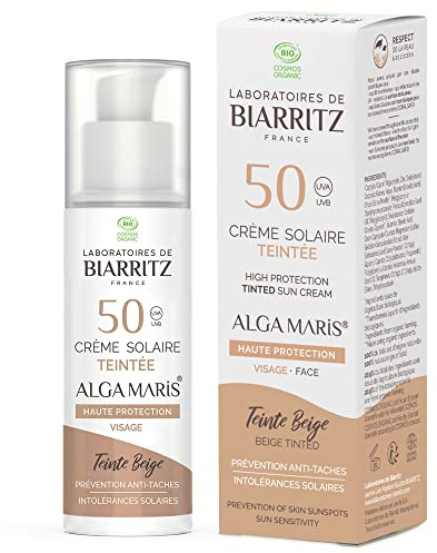 Laboratoires de Biarritz - Crème Solaire Visage Teintée Beige - SPF50 - ALGA MARIS® Certifiée Bio - Unifie le Teint et Prévient l'Apparition de Taches - 50 ml - Fabriquée en France