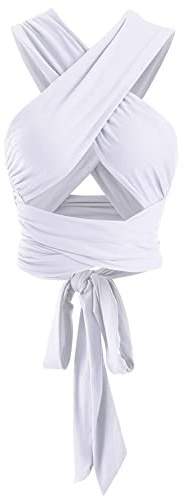 ZAFUL Womens Ribbed Halter Crop Top Ruched Lace-up Cropped Cami Bandana Top Criss Cross Wrap Print Tank Top White