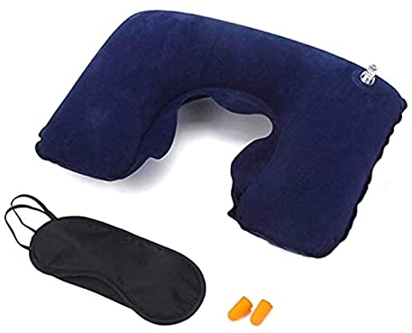 LEDLUX Aufblasbares Reisekissen-Set, entspannendes Reise-Set, Nackenkissen + Schlafmaske + Ohrstöpsel
