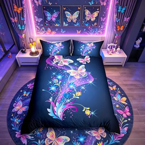 Loussiesd Butterfly Duvet Cover Set Butterflies Floral Decor Bedding Set For Kids Boys Girls Galaxy Bedclothes Double 3D Animal Flowers Dreamy Bedroom Collection