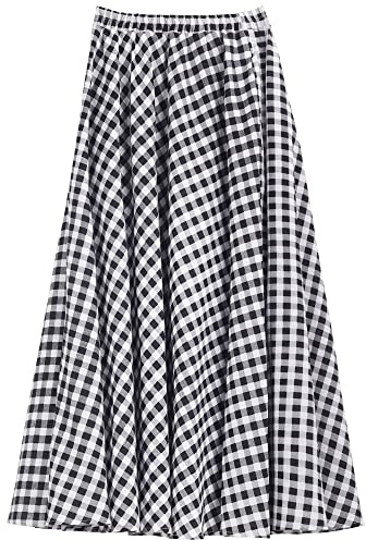 Camilife Jupe Longue Femme Lin Coton Fleuri Jupe Longue avec Poches Latérales Taille Elastique Jupe Bohème Rétro Vintage Longueur 90 cm Taille 34/36/38/40/42, C81 Noir Blanc à Carreaux, SM