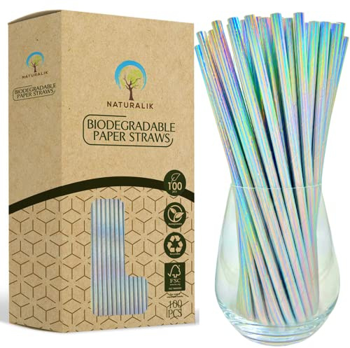 Naturalik 100-Pack Extra Durable Iridescent Paper Straws Biodegradable- Premium Eco-Friendly Paper Straws Bulk- Drinking Straws for Juices, Restaurants and Party supplies, 7.7 (Silver, 100ct)