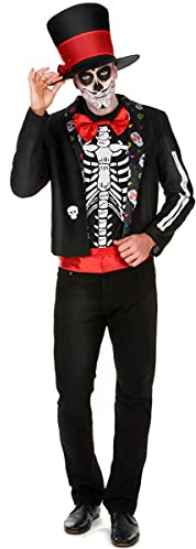 DEGUISE TOI - Déguisement Squelette motifs Dia de los muertos homme - Chapeau - Veste - Haut - Ceinture - XXL - Noir - Déguisements adultes - 100% Polyester - Laver à la main - Halloween