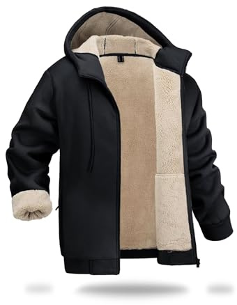 Boladeci Mens Sherpa Hoodie Jacket Winter Black Zip Up Heavyweight Warm Fleece Lined Jackets Coats Full Zip Thermal Flannel Hooded Sweatshirts Large