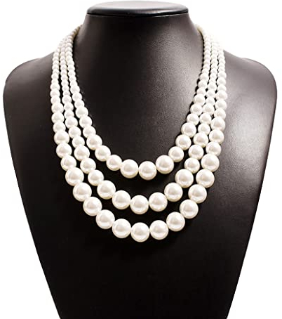JKJF 1920s Perlen Halskette Multi Schichte Perlen Kette 3 Reihen Perlen Halsband Elegant Modische Imitation Perlen Kette Retro Fasching Kostüm Zubehör für Frauen und Mädchen