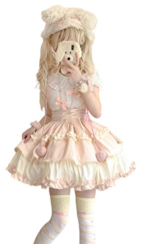 HIMI HIMIFASHION Süßer kurzer Rock für Teenager, Lolita, süßer, gestufter Rüschenrock mit Gürtel, elastische Taille, A-Linie, Strapsrock, pink / weiß, M