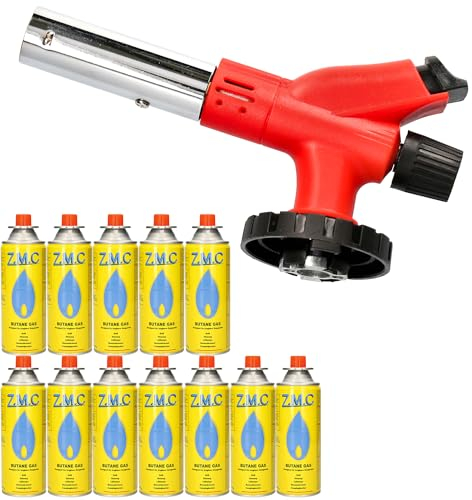 Z.M.C Brûleur à gaz 1,0 kW + 12 cartouches de gaz de 227 g, brûleur à flamme jusqu'à 1300 °C, brûleur Bunsen, chalumeau de cuisine avec flamme réglable, embout brûleur